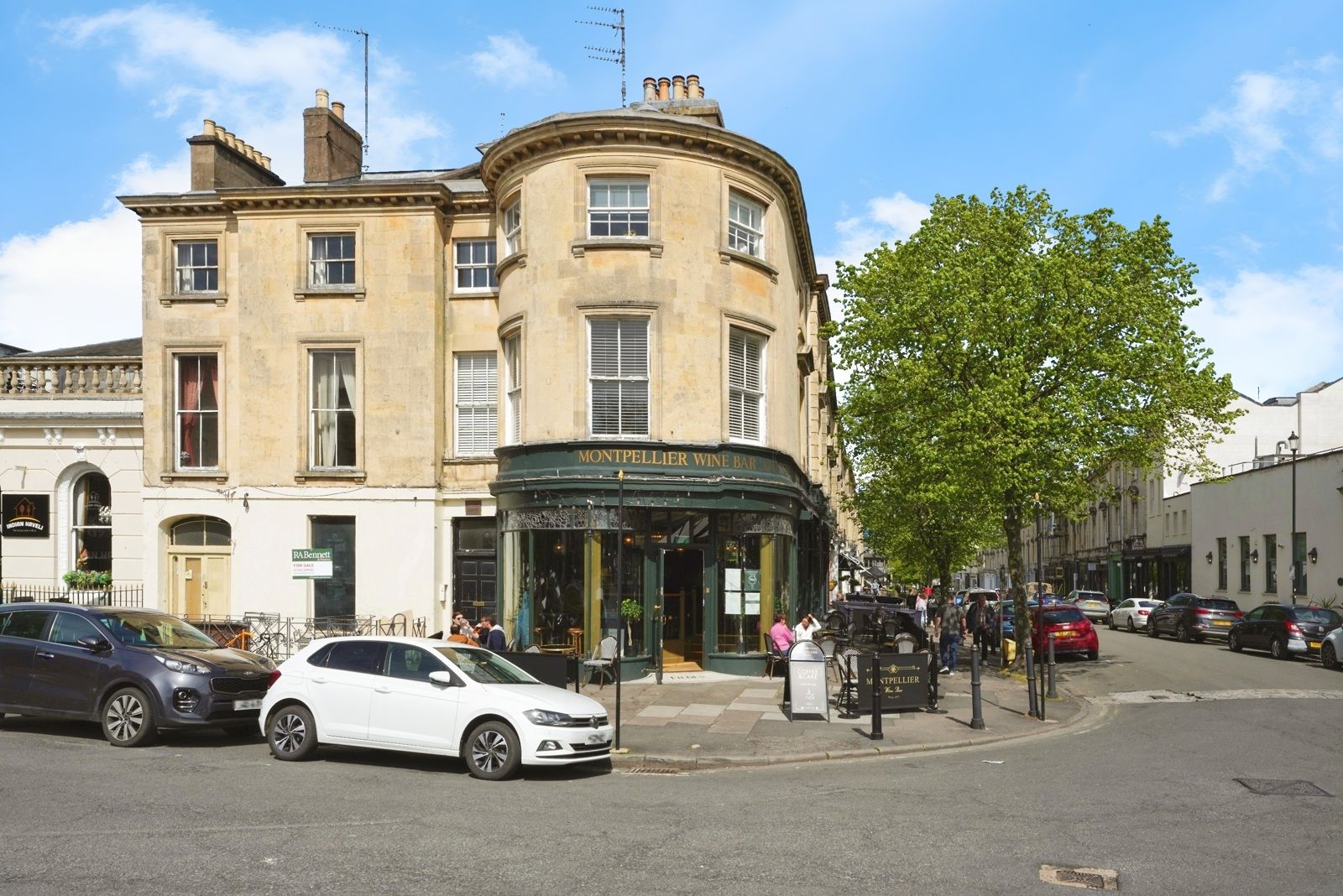Bayshill Lodge from Montpellier Street, showing the curved corner elevation above the Montpellier Wine Bar