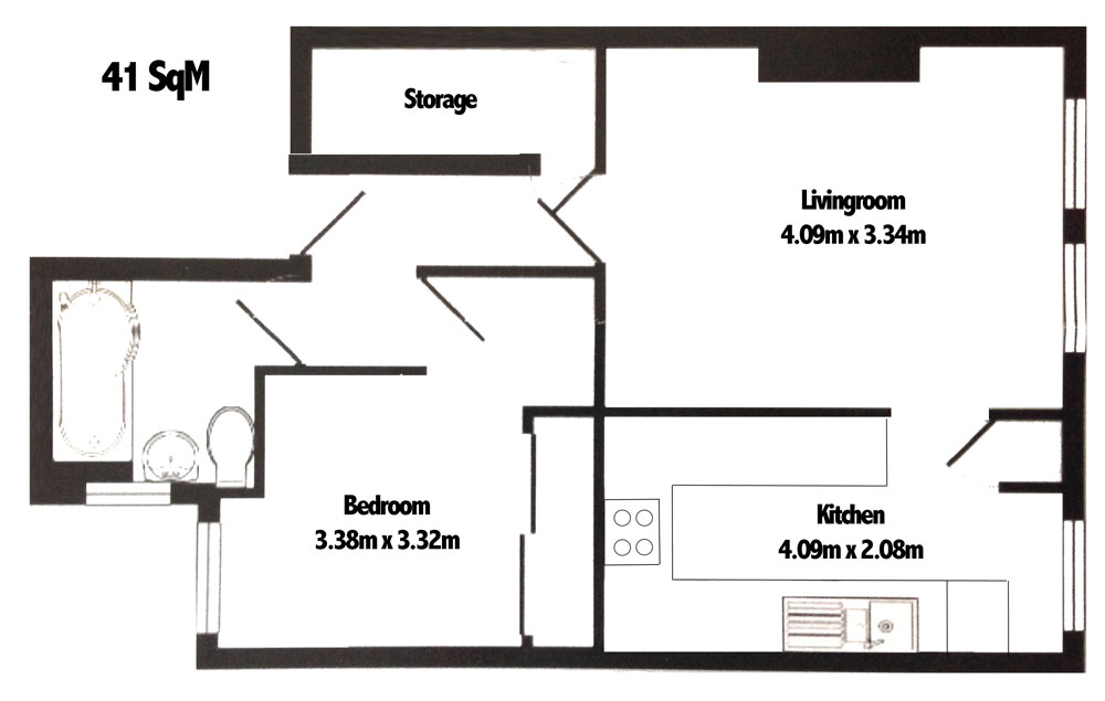 Floor plan of 386A Richmond Road showing living room, bedroom, kitchen, bathroom and storage, 41 square metres